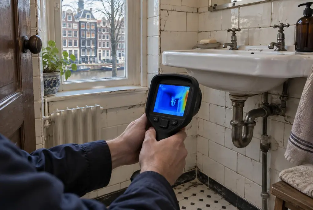 Lekdetectie Hendrik-Ido-Ambacht – badkamer met oude leidingen achter de tegels