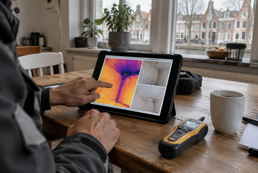 Lekdetectie Hendrik-Ido-Ambacht – lekdetectierapport met warmtebeelden en foto's op een tablet