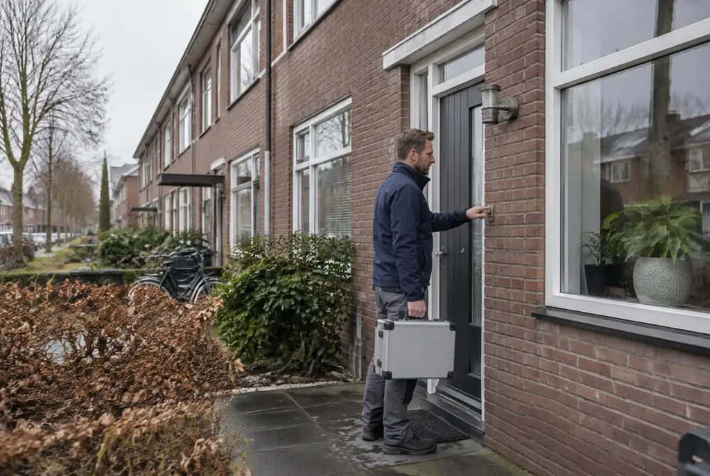 Lekdetectiespecialist met meetkoffer bij de voordeur van een woning in Hendrik-Ido-Ambacht